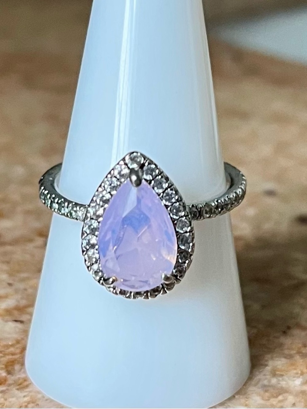 Bomb Party RETRO Sz 9 Pink Moonstone on Rhodium Teardrop Ring